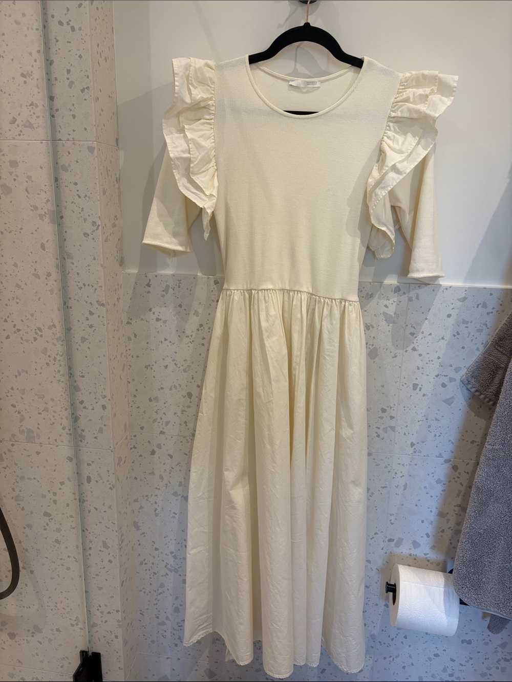 Zara Ruffled Sleeve Midi Dress in Cream